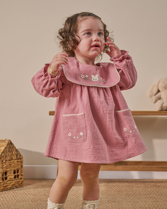 Nakış Detaylı Cepli Bebe Yaka Bayramlık Keten Kız Bebek Elbise ( 6-9 Ay / 2-3 Yaş)
