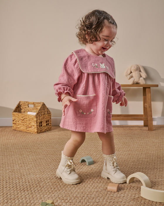 Nakış Detaylı Cepli Bebe Yaka Bayramlık Keten Kız Bebek Elbise ( 9-12 Ay / 2-3 Yaş)