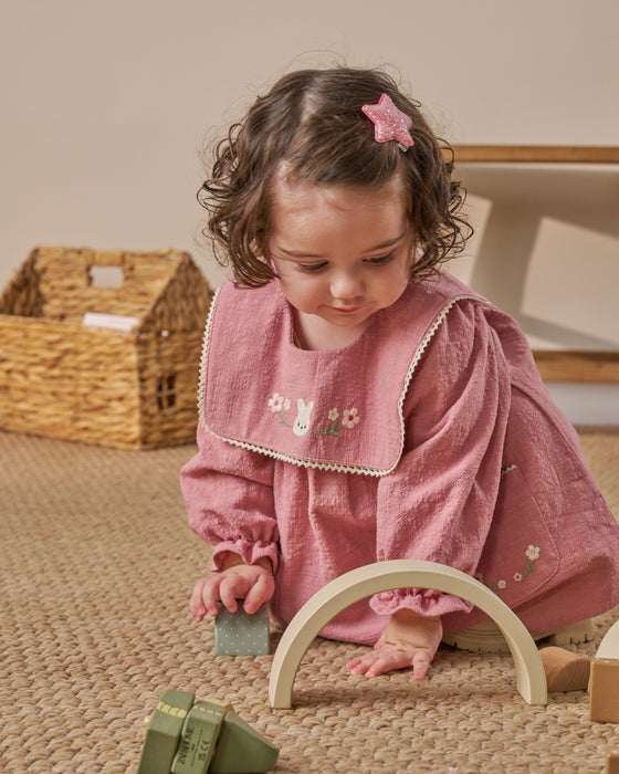 Nakış Detaylı Cepli Bebe Yaka Bayramlık Keten Kız Bebek Elbise ( 9-12 Ay / 2-3 Yaş)