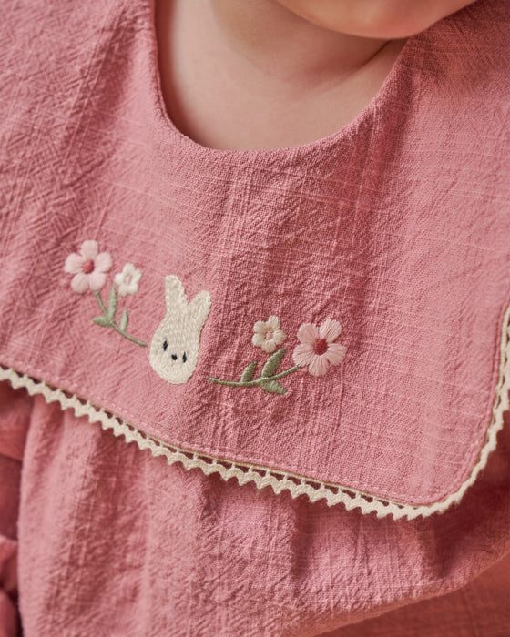 Nakış Detaylı Cepli Bebe Yaka Bayramlık Keten Kız Bebek Elbise ( 9-12 Ay / 2-3 Yaş)