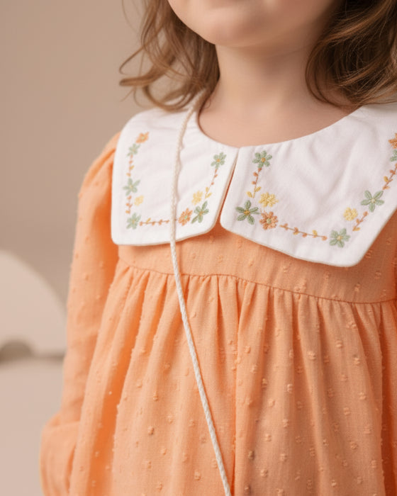 Kız Bebek Nakışlı Bebe Yaka Müslin Çantalı Elbise (6/9-2-3 Yaş)