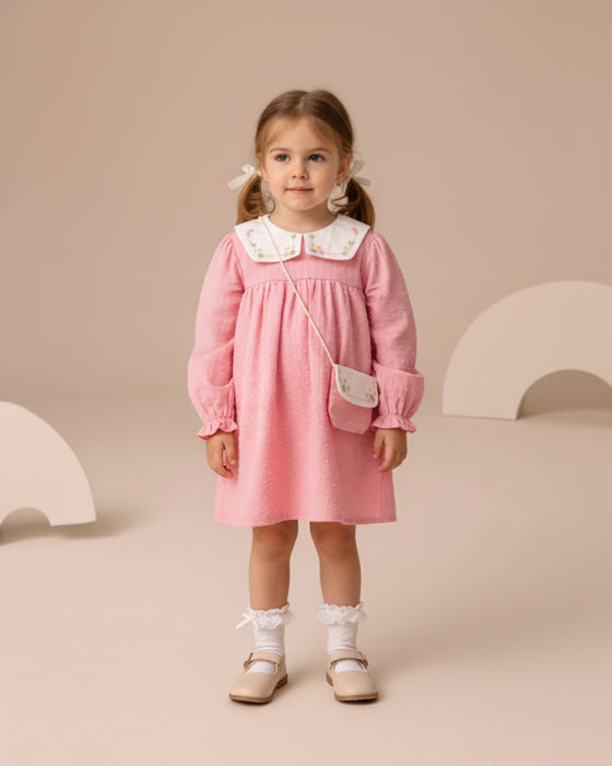 Kız Bebek Nakışlı Bebe Yaka Müslin Çantalı Elbise (6/9-2-3 Yaş)