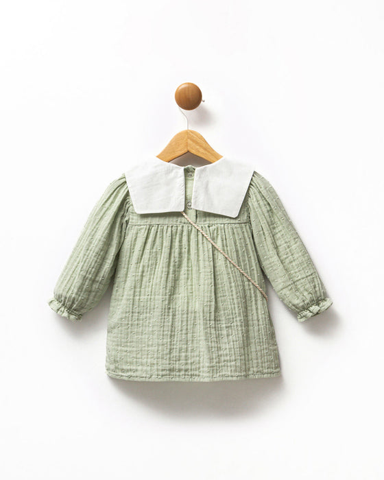 Kız Bebek Nakışlı Bebe Yaka Müslin Çantalı Elbise (6/9 Ay - 3/4Yaş)