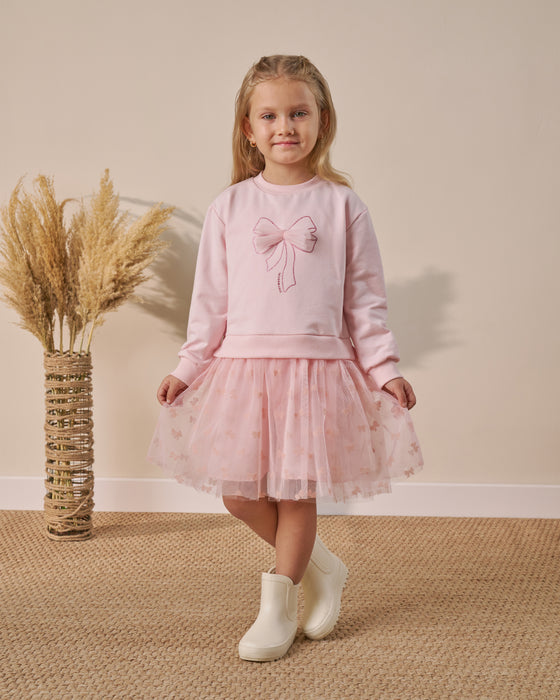 Kız Çocuk Fiyonk Baskılı Elbise (4-7 Yaş)