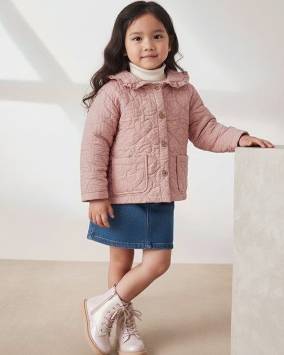 Desenli Cepli Düğmeli Kapitone Kız Çocuk Ceket (3-4 / 7-8)