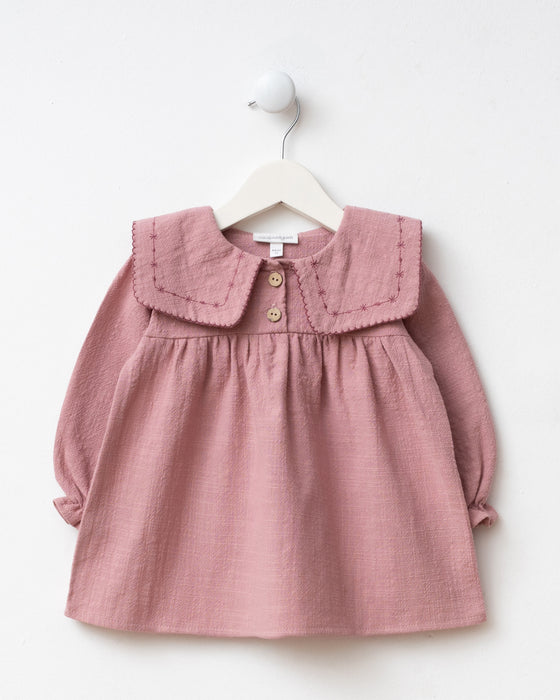 Yakası Nakışlı Çantalı Bayramlık Keten Kız Bebek Elbise (6-9 Ay / 2-3 Yaş)