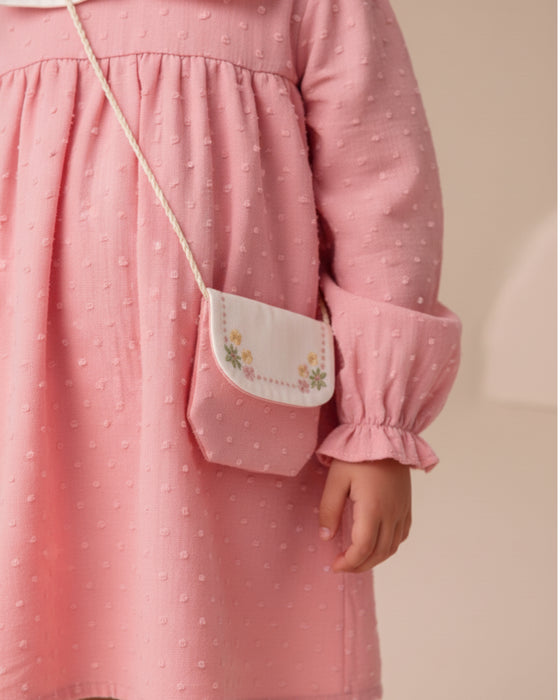 Kız Bebek Nakışlı Bebe Yaka Müslin Çantalı Elbise (6/9-2-3 Yaş)