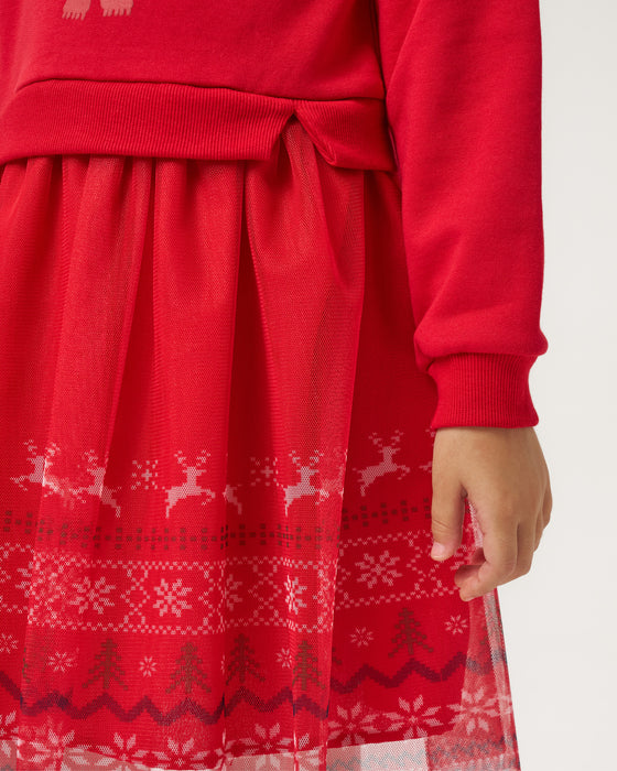 Yeni Yıl Oh Deer Baskılı Geyik Detaylı Taçlı Kız Çocuk Elbise (4-7 Yaş)