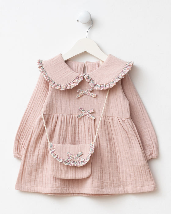 Fiyonk Detaylı Çantalı Bebe Yakalı Müslin Bayramlık Kız Bebek Elbise ( 9 Ay - 3 Yaş)