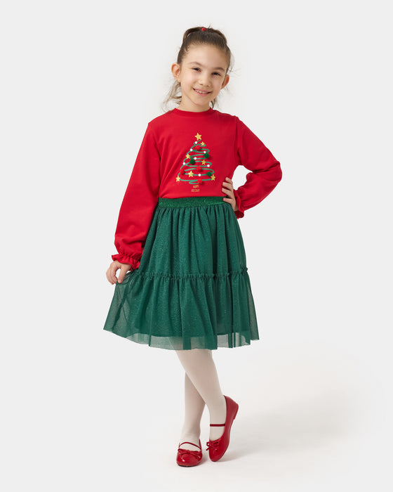 Yeni Yıl Happy Holiday Baskılı Ponponlu Simli Etekli Kız Çocuk İkili Takım (5-8 Yaş)