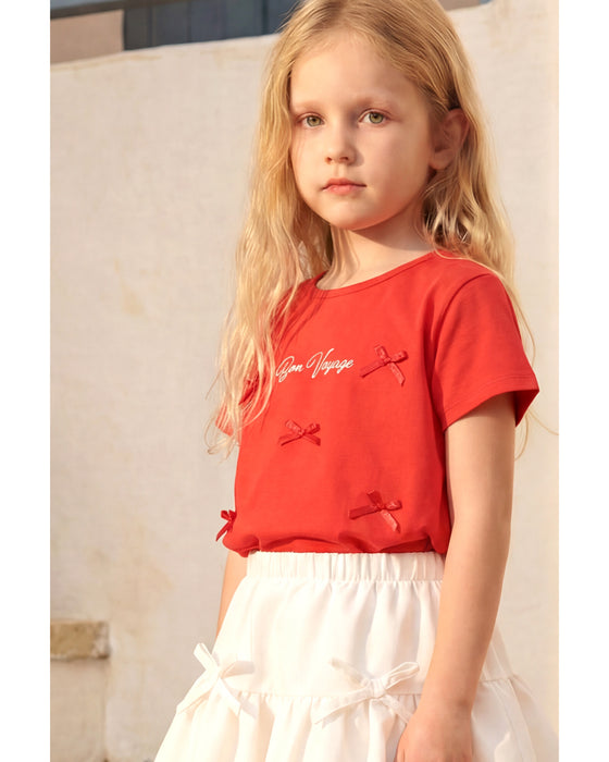 Kız Çocuk Fiyonk Detaylı Tişört Balon Etekli Takım (3-7 Yaş)