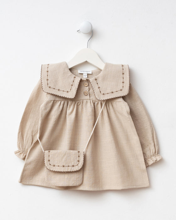 Yakası Nakışlı Çantalı Bayramlık Keten Kız Bebek Elbise (6-9 Ay / 2-3 Yaş)