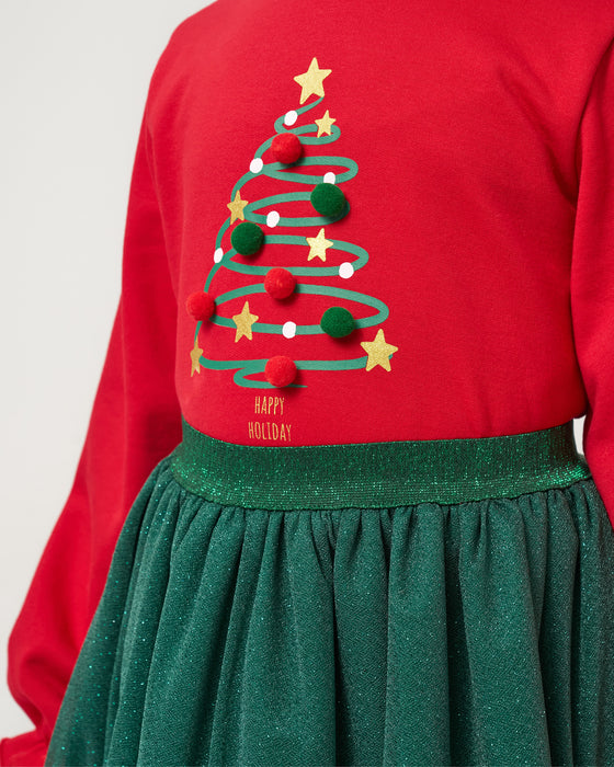 Yeni Yıl Happy Holiday Baskılı Ponponlu Simli Etekli Kız Çocuk İkili Takım (5-8 Yaş)