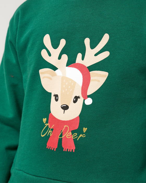 Yeni Yıl Oh Deer Baskılı Geyik Detaylı Taçlı Kız Çocuk Elbise (4-7 Yaş)