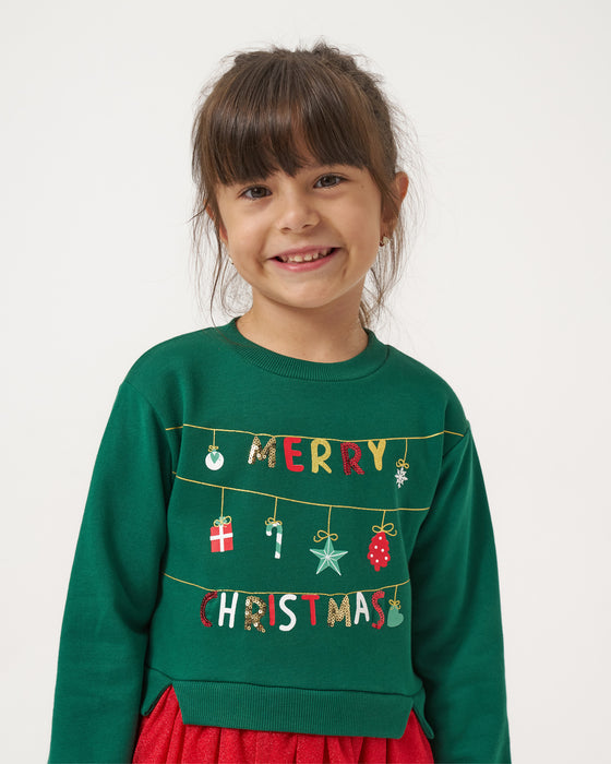 Yeni Yıl Merry Chirstmas Baskılı Tüllü Kız Çocuk Elbise (4-7 Yaş)