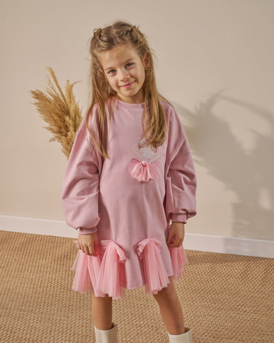 Kız Çocuk Tül Detaylı Baskılı Elbise (3-6 Yaş)