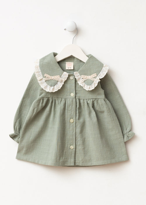 Dantel Detaylı Bebe Yaka Çantalı Bayramlık Keten Kız Bebek Elbise (9 Ay / 3 Yaş)