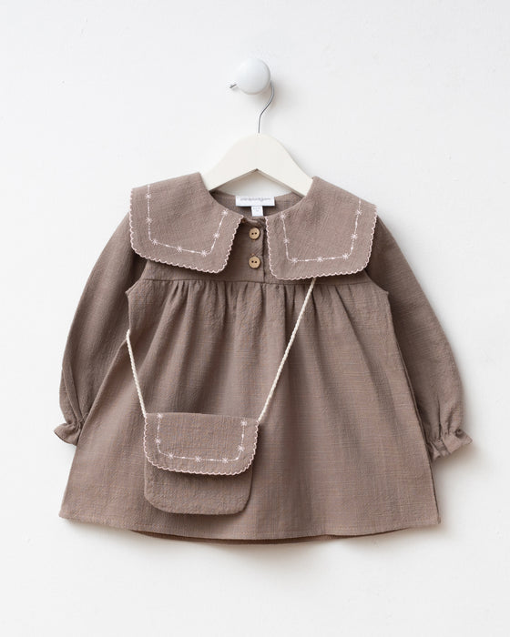 Yakası Nakışlı Çantalı Bayramlık Keten Kız Bebek Elbise (6-9 Ay / 2-3 Yaş)