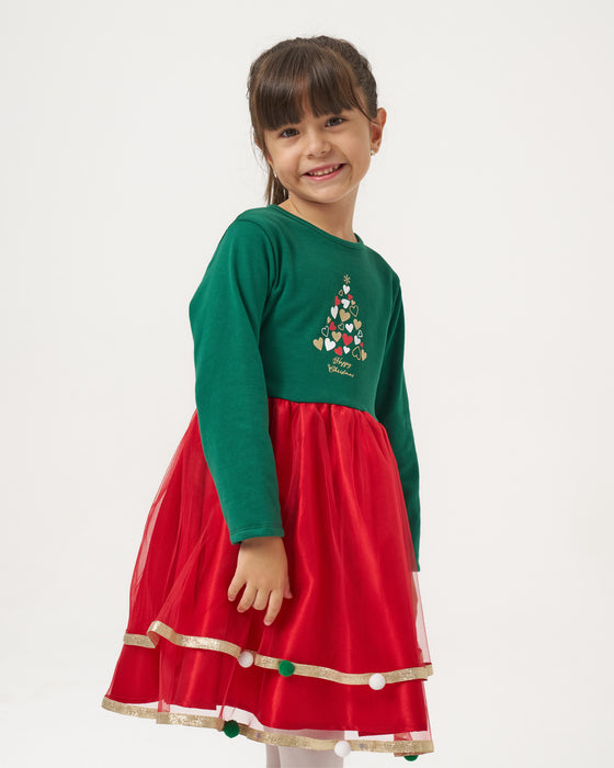 Yeni Yıl Happy Chirstmas Baskılı Saten Detaylı ve Ponponlu Kız Çocuk Elbise (4-7 Yaş)