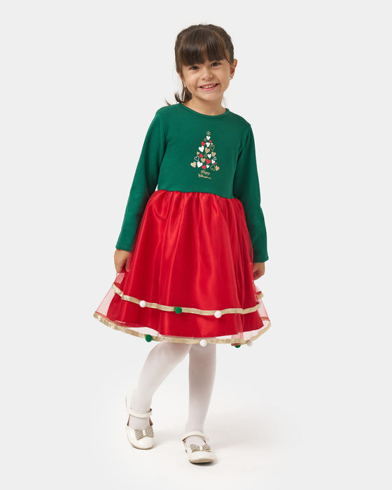 Yeni Yıl Happy Chirstmas Baskılı Saten Detaylı ve Ponponlu Kız Çocuk Elbise (4-7 Yaş)
