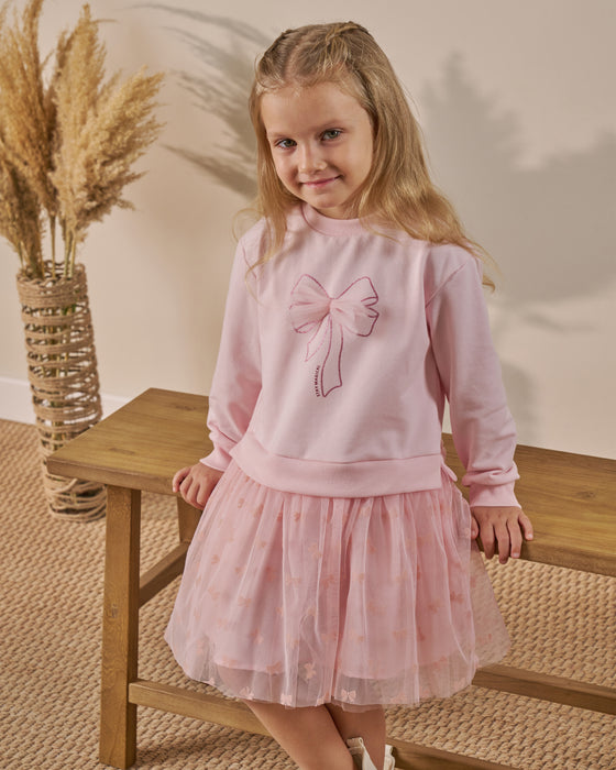 Kız Çocuk Fiyonk Baskılı Elbise (4-7 Yaş)