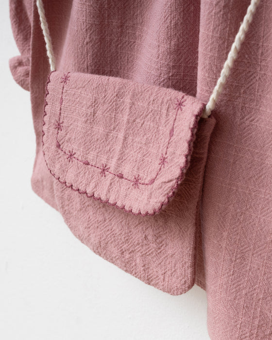 Yakası Nakışlı Çantalı Bayramlık Keten Kız Bebek Elbise (6-9 Ay / 2-3 Yaş)