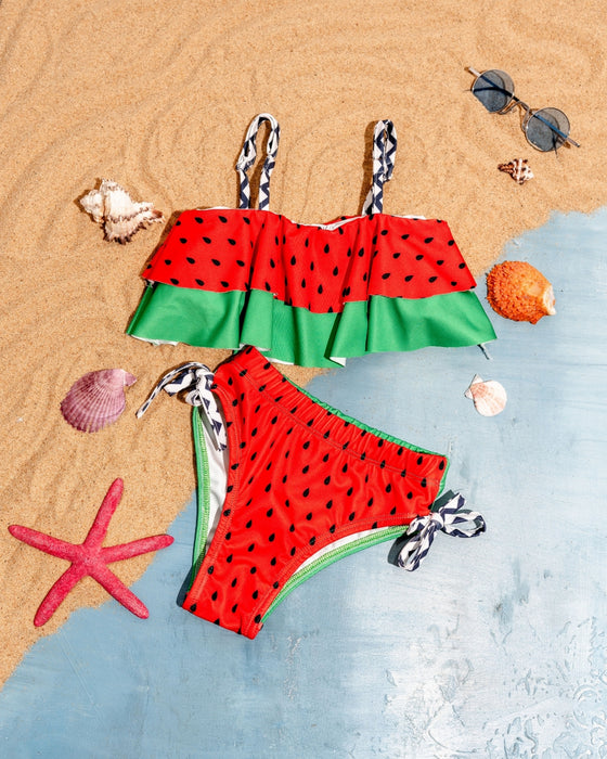 Kız Çocuk Karpuz Desenli Fırfırlı Bikini Takımı 7'li Seri (5-6 / 11-12 Yaş)