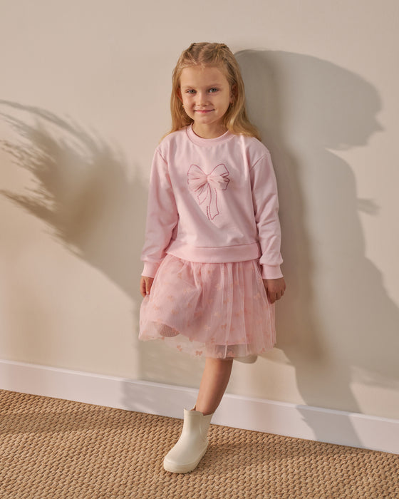 Kız Çocuk Fiyonk Baskılı Elbise (4-7 Yaş)