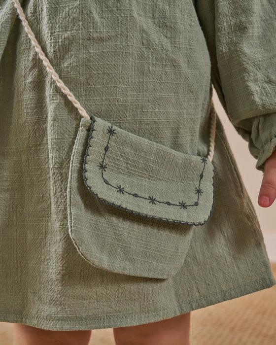 Yakası Nakışlı Çantalı Bayramlık Keten Kız Bebek Elbise (6-9 Ay / 2-3 Yaş)