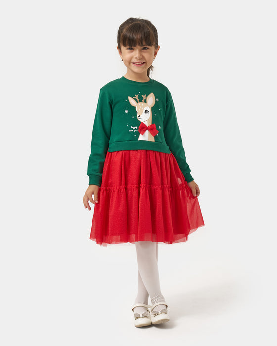 Yeni Yıl Geyik Baskılı Simli Tüllü Kız Çocuk Elbise (4-7 Yaş)