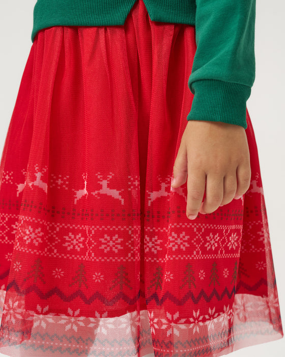 Yeni Yıl Oh Deer Baskılı Geyik Detaylı Taçlı Kız Çocuk Elbise (4-7 Yaş)