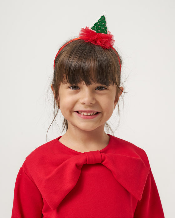 Yeni Yıl Fiyonk Yakalı Baskılı Tüllü Kız Çocuk Elbise (4-7 Yaş)