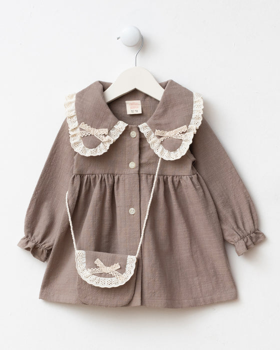 Dantel Detaylı Bebe Yaka Çantalı Bayramlık Keten Kız Bebek Elbise (9 Ay / 3 Yaş)
