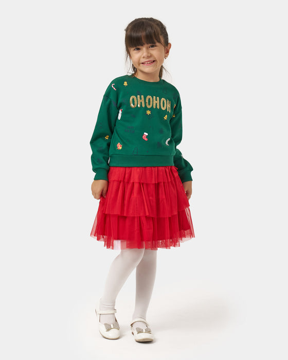 Yeni Yıl Oh Oh Oh Pul Nakışlı Üç Kat Tüllü Etekli Kız Çocuk İkili Takım (4-7 Yaş)
