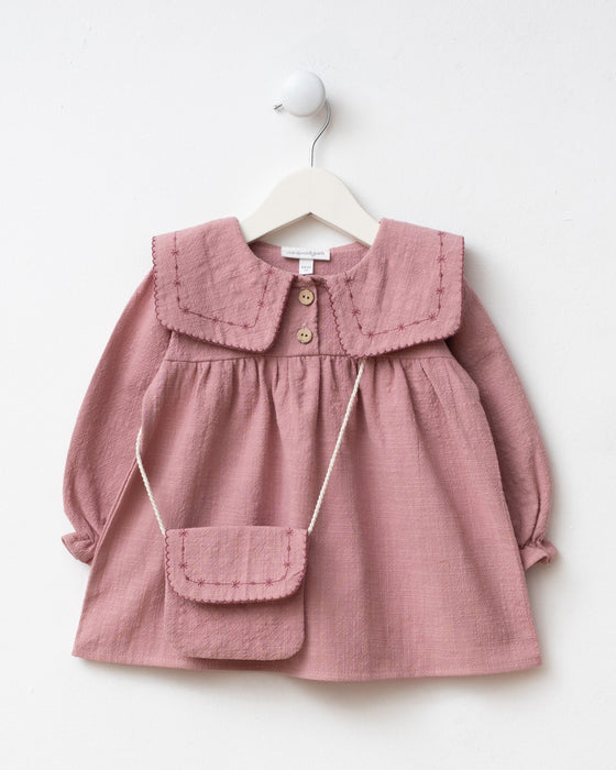 Yakası Nakışlı Çantalı Bayramlık Keten Kız Bebek Elbise (6-9 Ay / 2-3 Yaş)