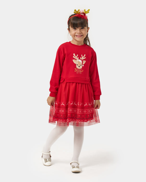 Yeni Yıl Oh Deer Baskılı Geyik Detaylı Taçlı Kız Çocuk Elbise (4-7 Yaş)