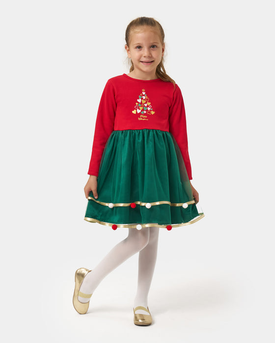 Yeni Yıl Happy Chirstmas Baskılı Saten Detaylı ve Ponponlu Kız Çocuk Elbise (4-7 Yaş)