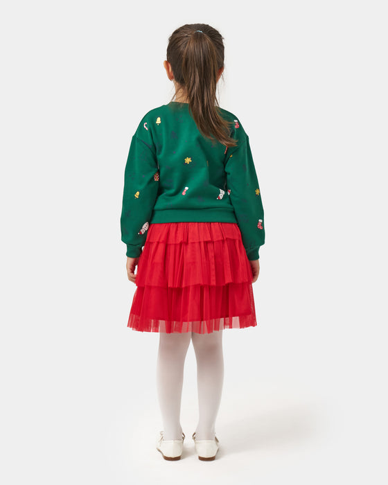 Yeni Yıl Oh Oh Oh Pul Nakışlı Üç Kat Tüllü Etekli Kız Çocuk İkili Takım (4-7 Yaş)