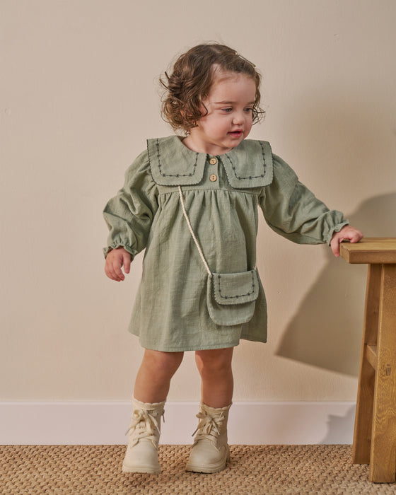 Yakası Nakışlı Çantalı Bayramlık Keten Kız Bebek Elbise (6-9 Ay / 2-3 Yaş)