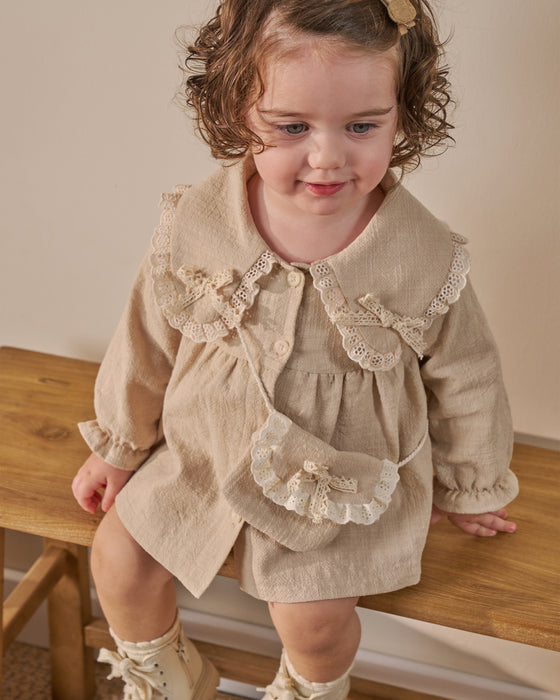Dantel Detaylı Bebe Yaka Çantalı Bayramlık Keten Kız Bebek Elbise (9 Ay / 3 Yaş)