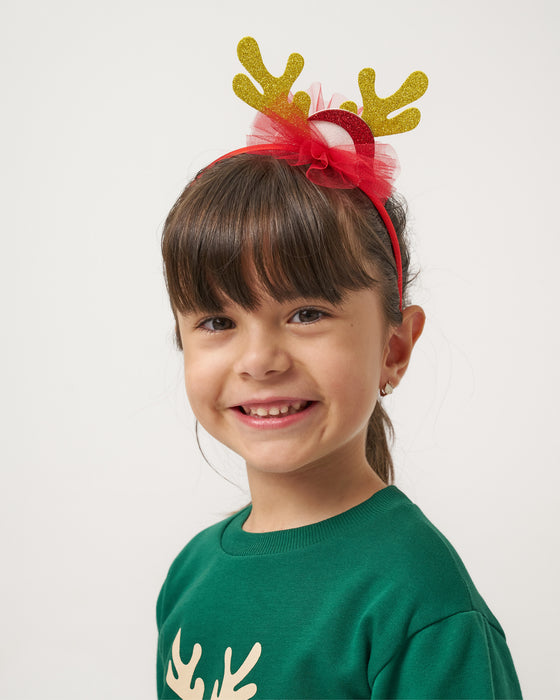 Yeni Yıl Oh Deer Baskılı Geyik Detaylı Taçlı Kız Çocuk Elbise (4-7 Yaş)