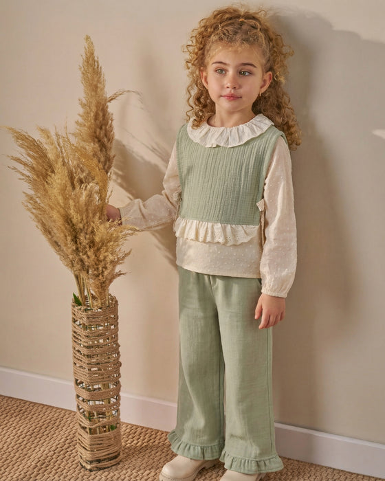 Müslin Yelekli Fırfır Paça Pantolonlu  Bayramlık 3'lü Kız Çocuk Alt Üst Takım (3-6 Yaş)