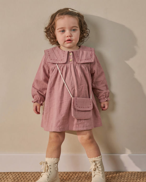 Yakası Nakışlı Çantalı Bayramlık Keten Kız Bebek Elbise (6-9 Ay / 2-3 Yaş)