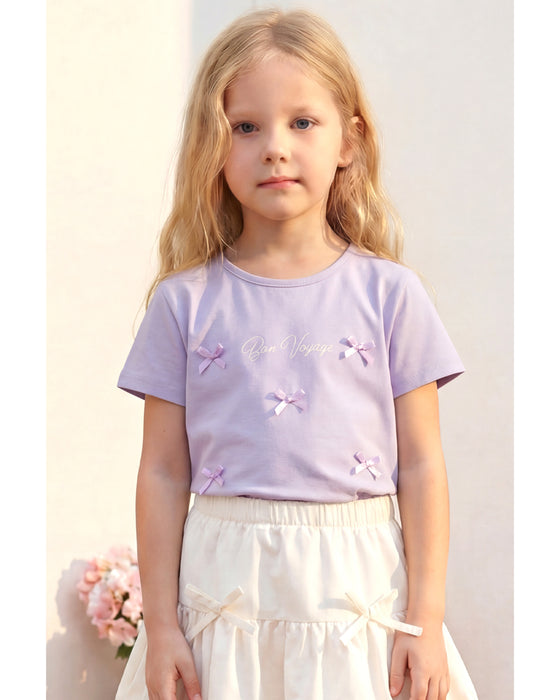 Kız Çocuk Fiyonk Detaylı Tişört Balon Etekli Takım (3-7 Yaş)