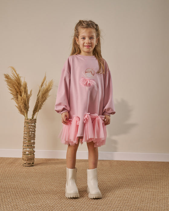 Kız Çocuk Tül Detaylı Baskılı Elbise (3-6 Yaş)