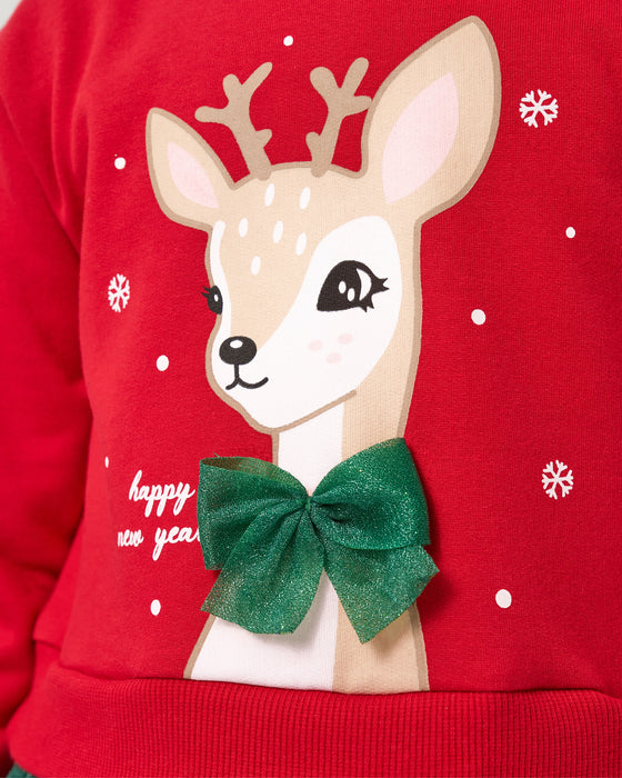 Yeni Yıl Geyik Baskılı Simli Tüllü Kız Çocuk Elbise (4-7 Yaş)