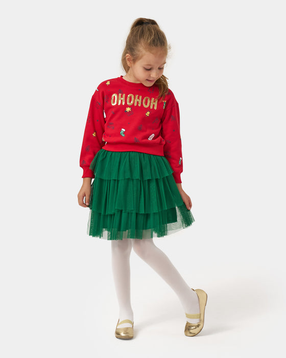 Yeni Yıl Oh Oh Oh Pul Nakışlı Üç Kat Tüllü Etekli Kız Çocuk İkili Takım (4-7 Yaş)