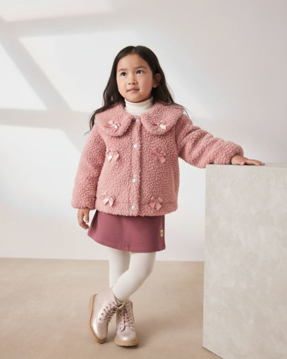 Bebe Yaka Fiyonk Detaylı Düğmeli Kız Çocuk Peluş Ceket (2-3 / 6-7)