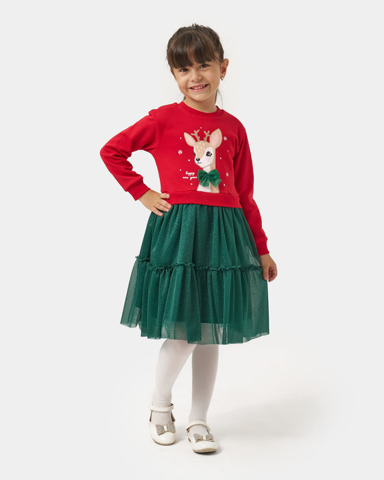 Yeni Yıl Geyik Baskılı Simli Tüllü Kız Çocuk Elbise (4-7 Yaş)