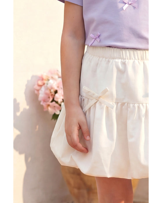 Kız Çocuk Fiyonk Detaylı Tişört Balon Etekli Takım (3-7 Yaş)